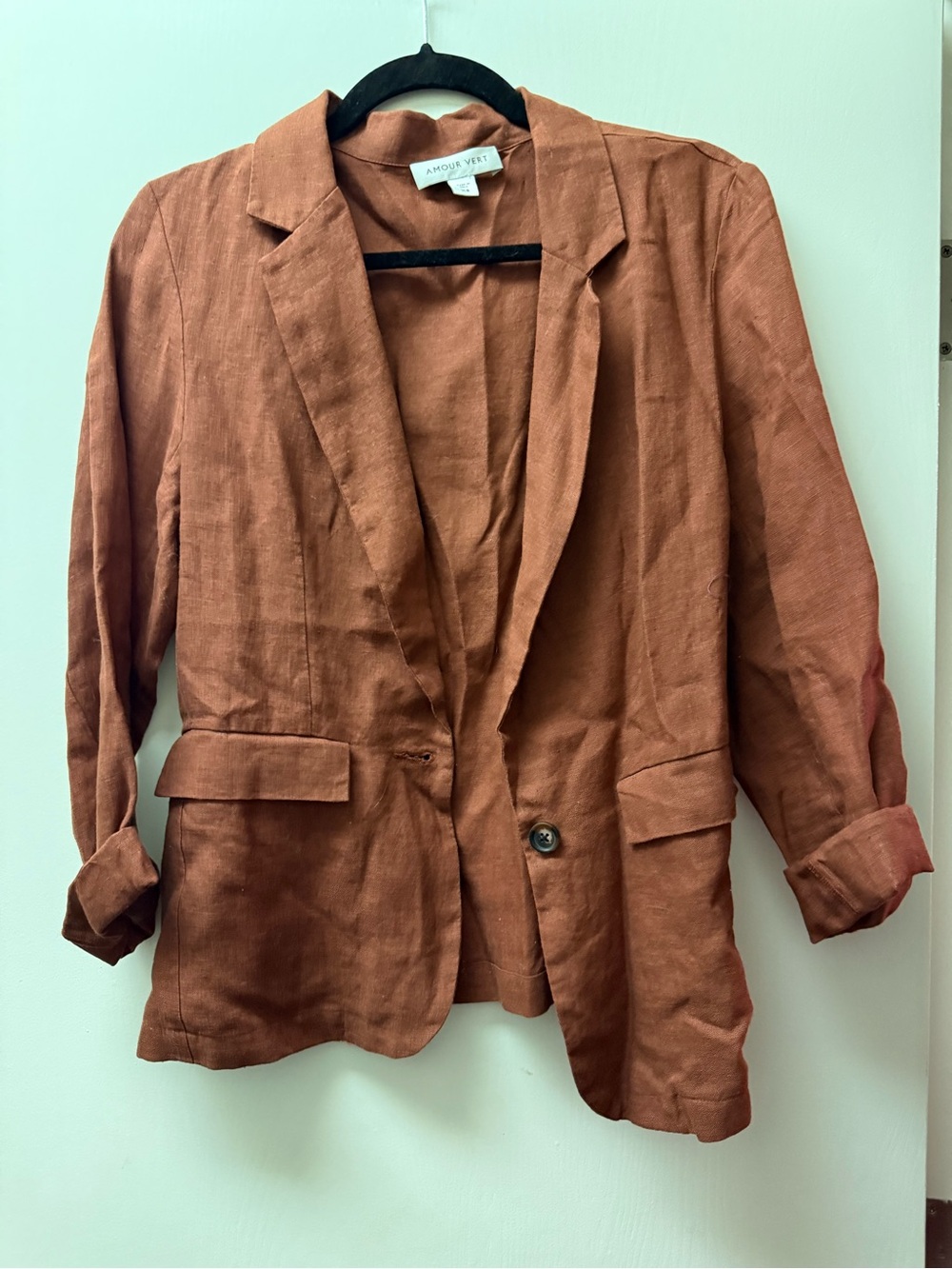 Amour Vert Rust-Terracotta Linen Utility Blazer